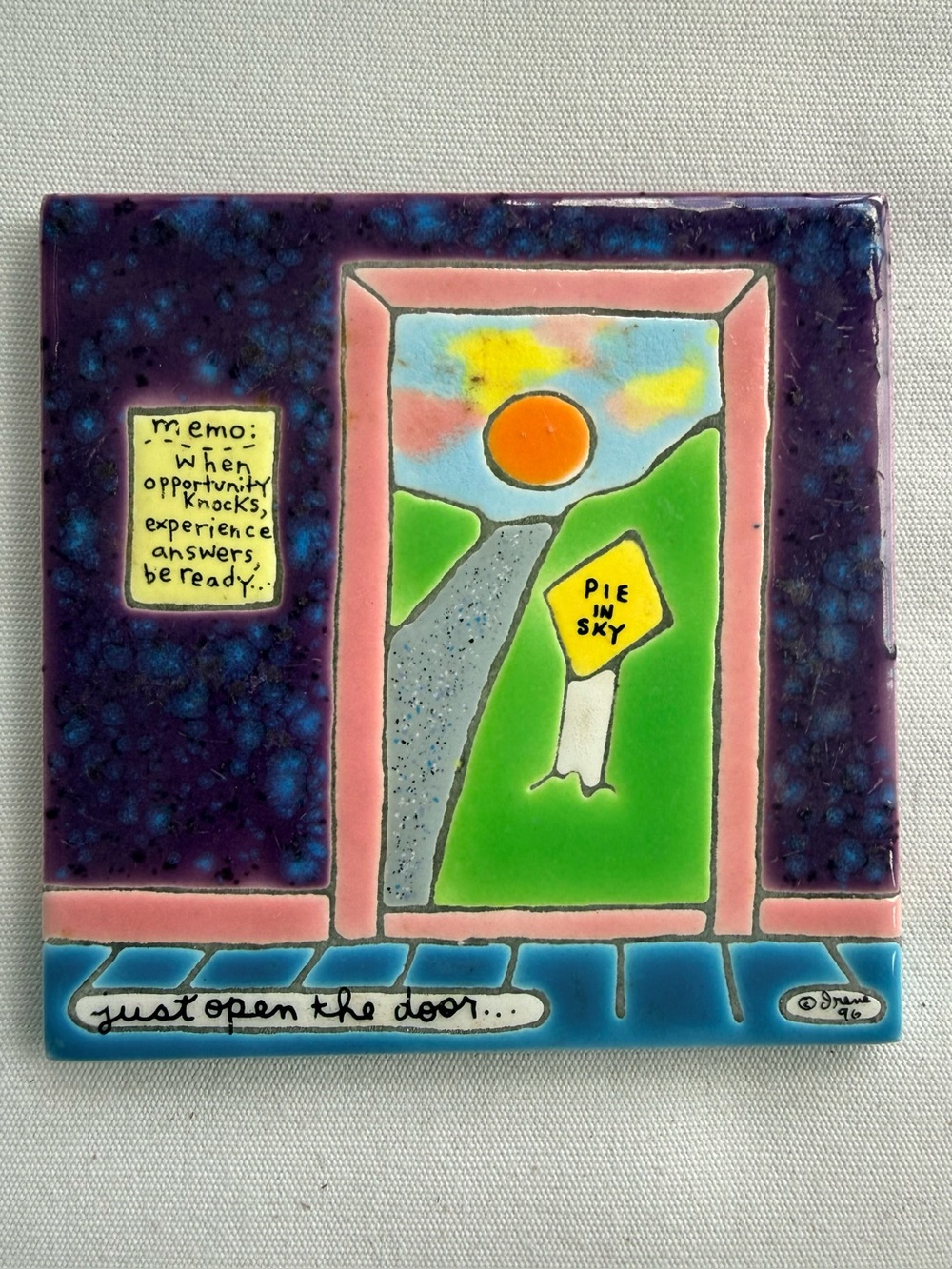 Vintage Irene Otis Hand Painted Collectible Tile  Wall Art 1996 Pie In Sky 1996